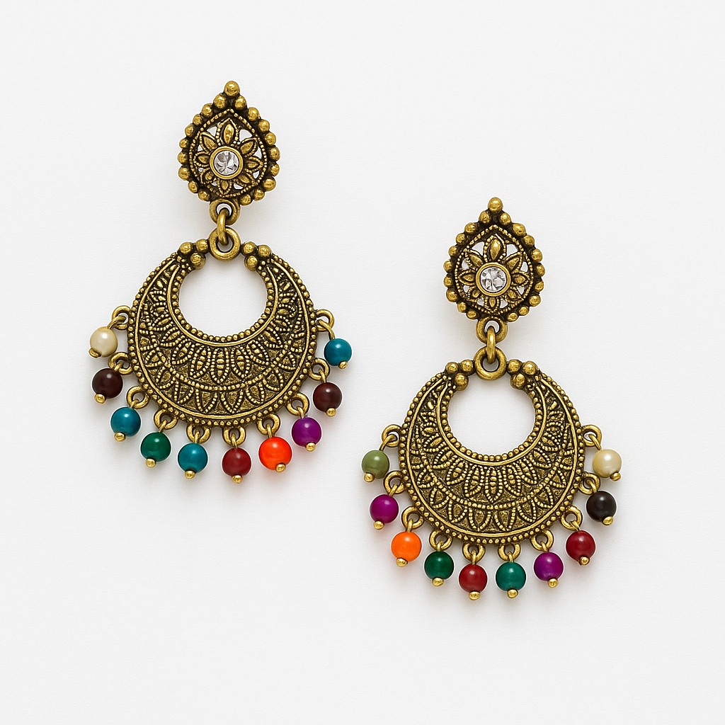 German Beaded Gold Oxidised Earrings