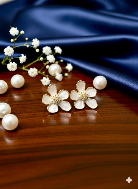 Shine-N-Glitz White Flower Earrings