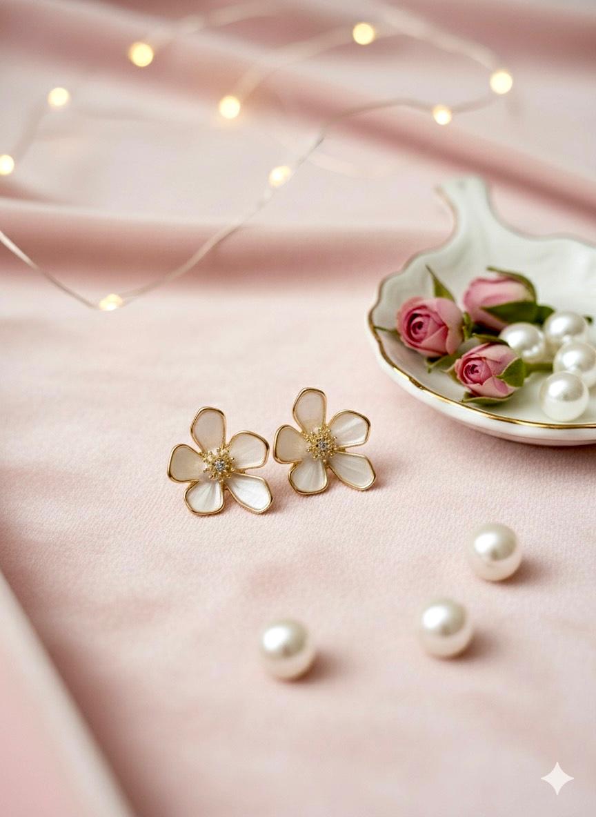 Shine-N-Glitz White Flower Earrings
