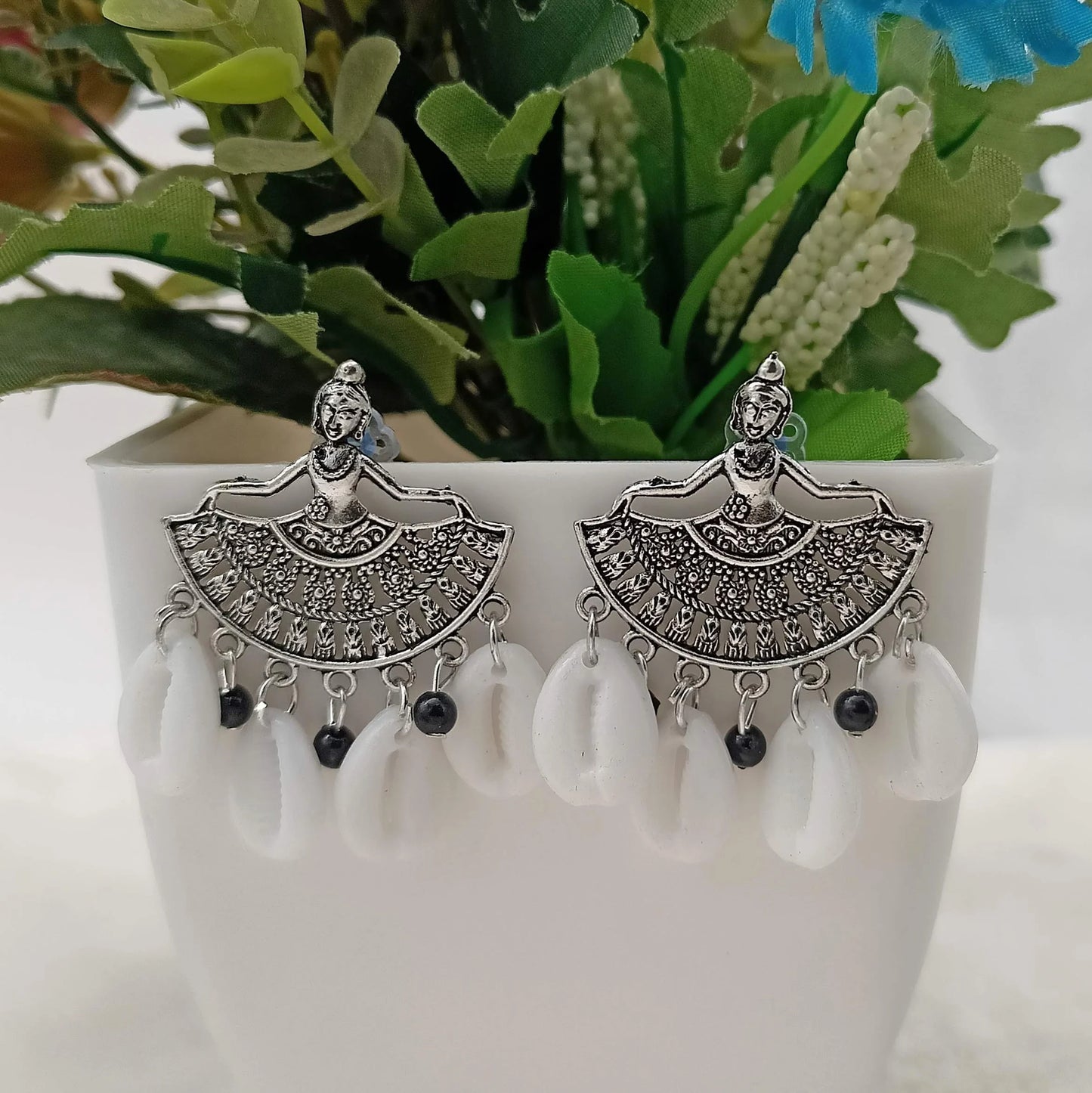 Dancing Girl Drop White Shell Silver Oxidised Earrings