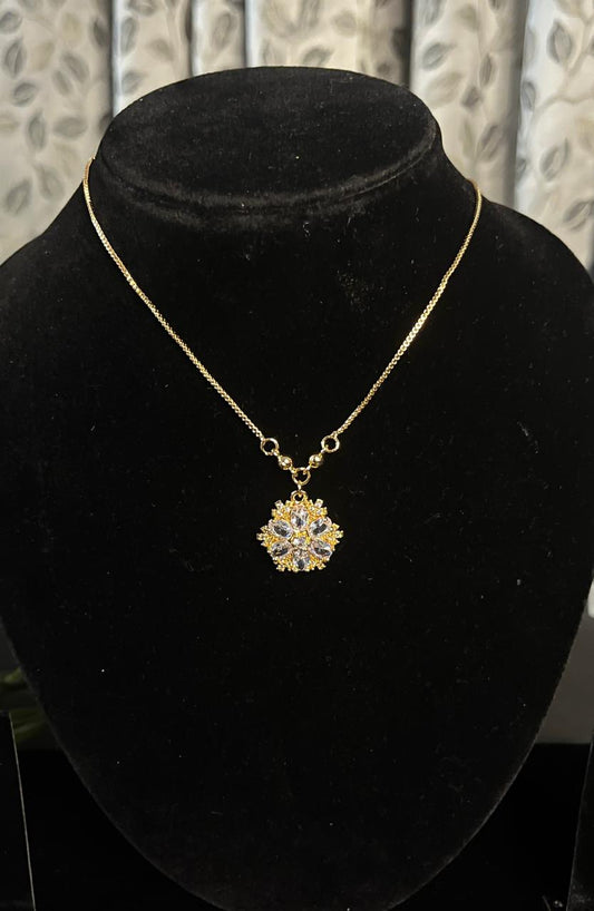 Gold and Grey Rhinestone Embellished Floral Pendant with chain