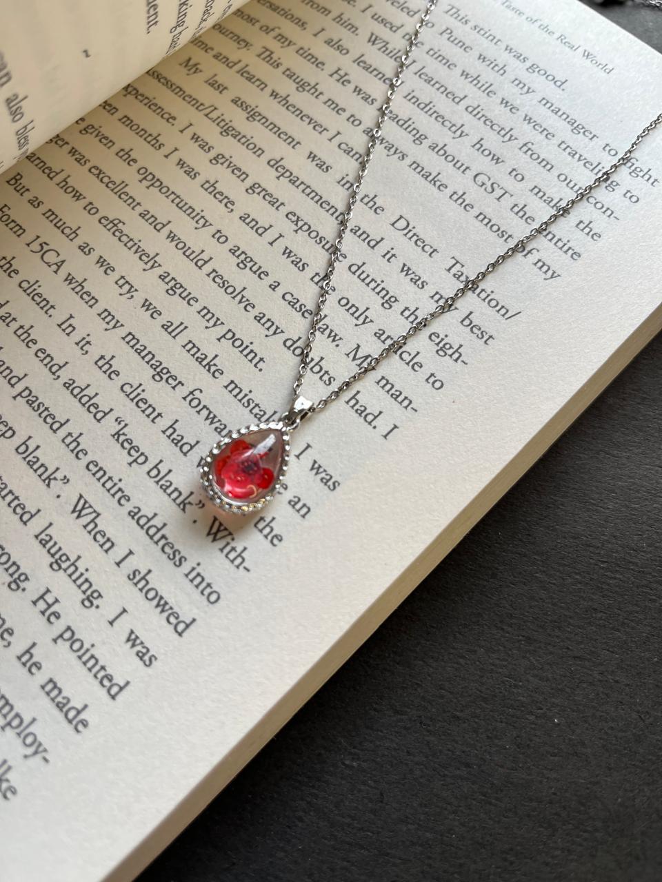 Teeny Teardrop Red Flower Raisin Pendant with Silver Chain