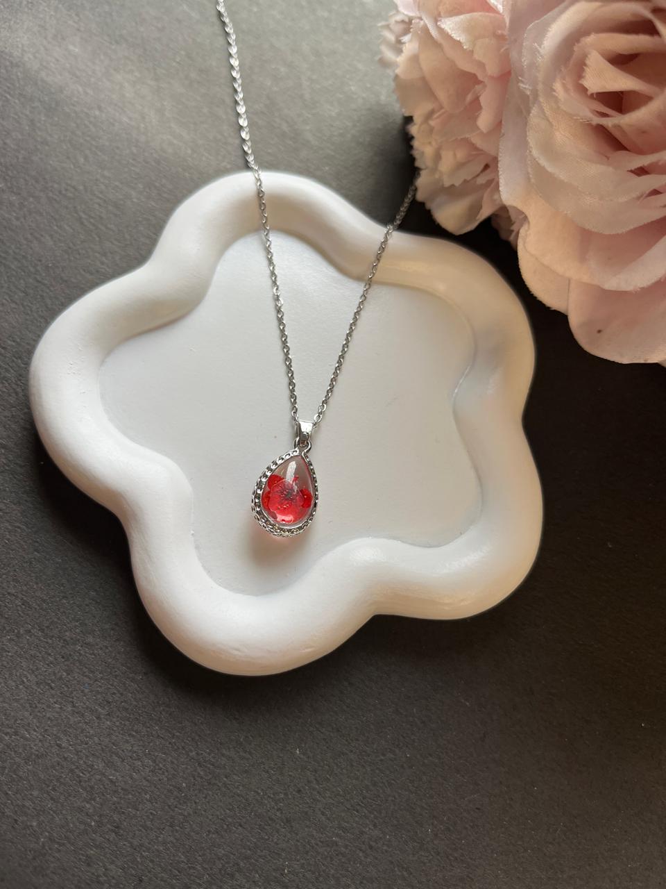 Teeny Teardrop Red Flower Raisin Pendant with Silver Chain