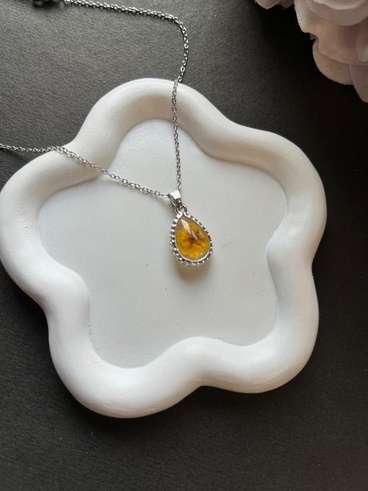 Silver & Yellow Amber Teardrop Necklace