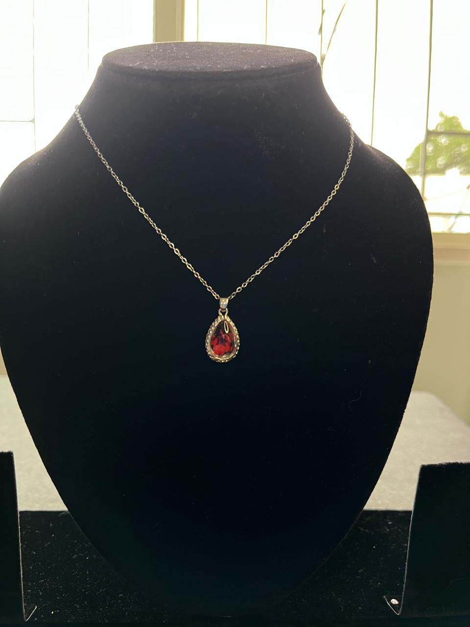 Teeny Teardrop Red Flower Raisin Pendant with Silver Chain