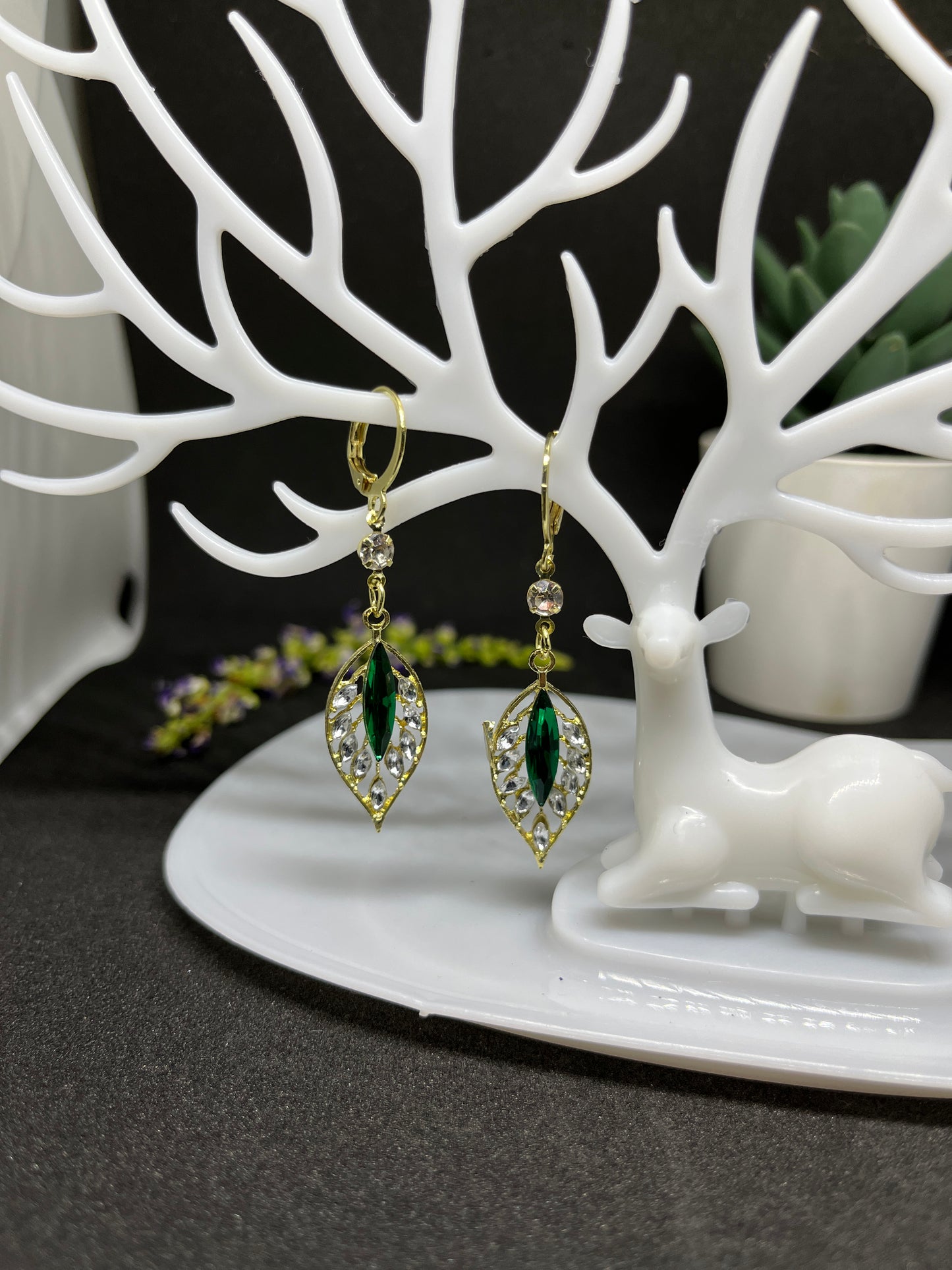 Elegant Green Leaf Drop Earrings with Sparkling Zirconia