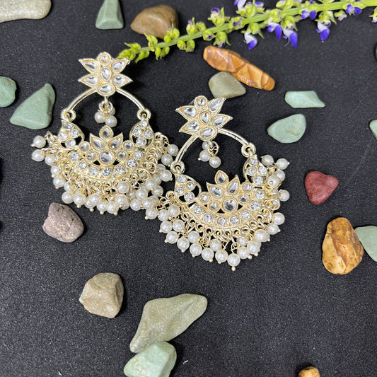 Long Chandbali Earring with Hanging Bunch of Crystal - White