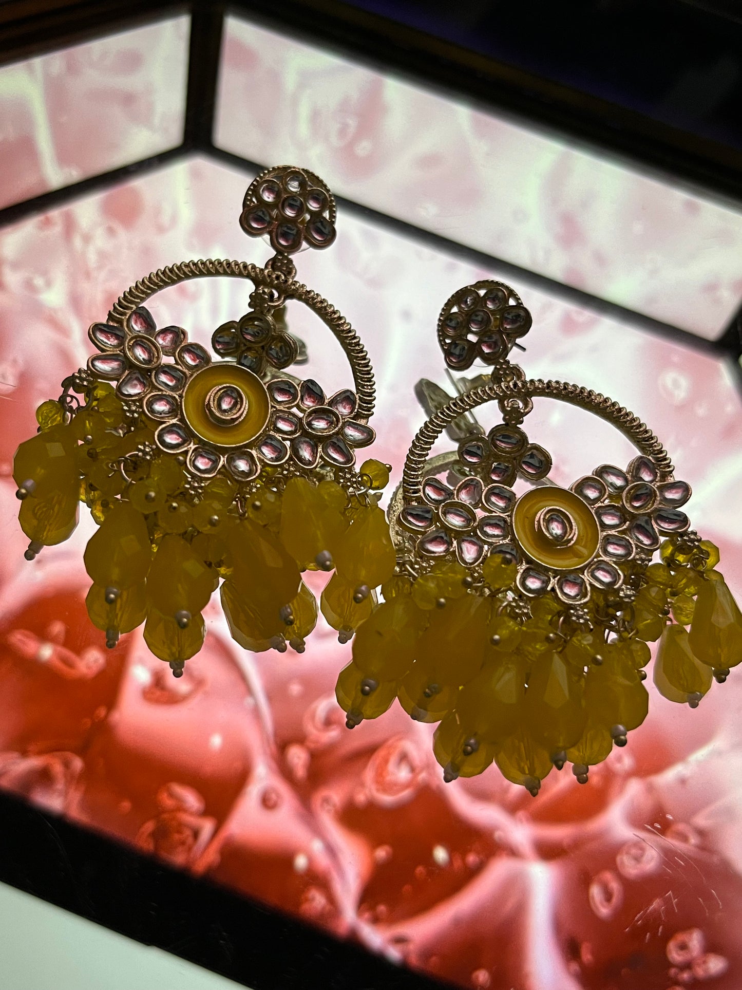 Long Chandbali Earring with Hanging Bunch of Crystal - Lemon Yellow