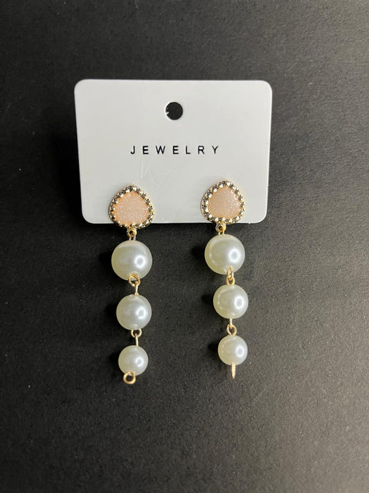 Long Gold Plated Drop White Pearl Earrings