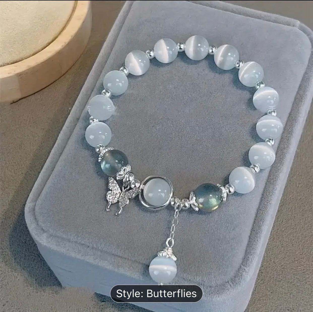 Cute Glass Cat Eye Stone Beaded Butterfly Charm Bracelet.