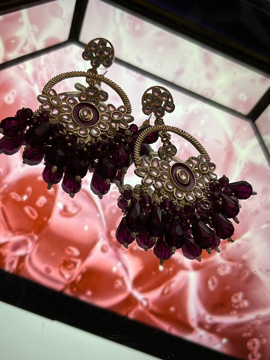 Long Chandbali Earring with Hanging Bunch of Crystal - Wine colour