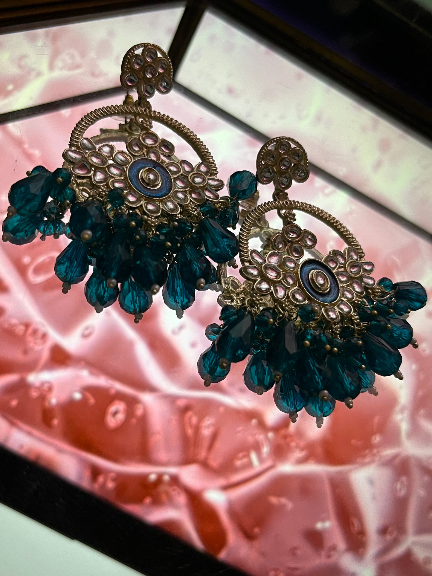 Long Chandbali Earring with Hanging Bunch of Crystal - Turquoise