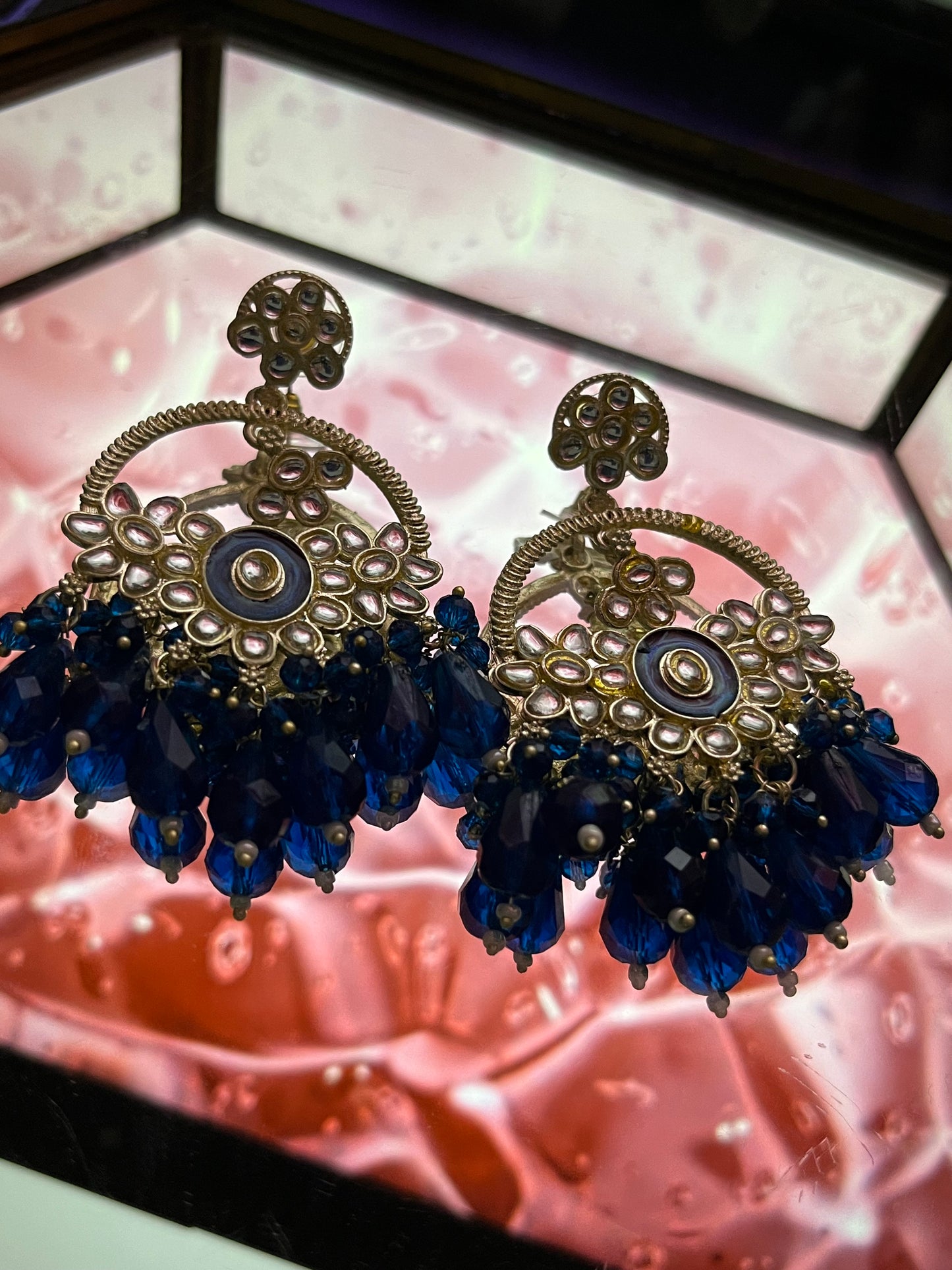 Long Chandbali Earring with Hanging Bunch of Crystal - Royal blue