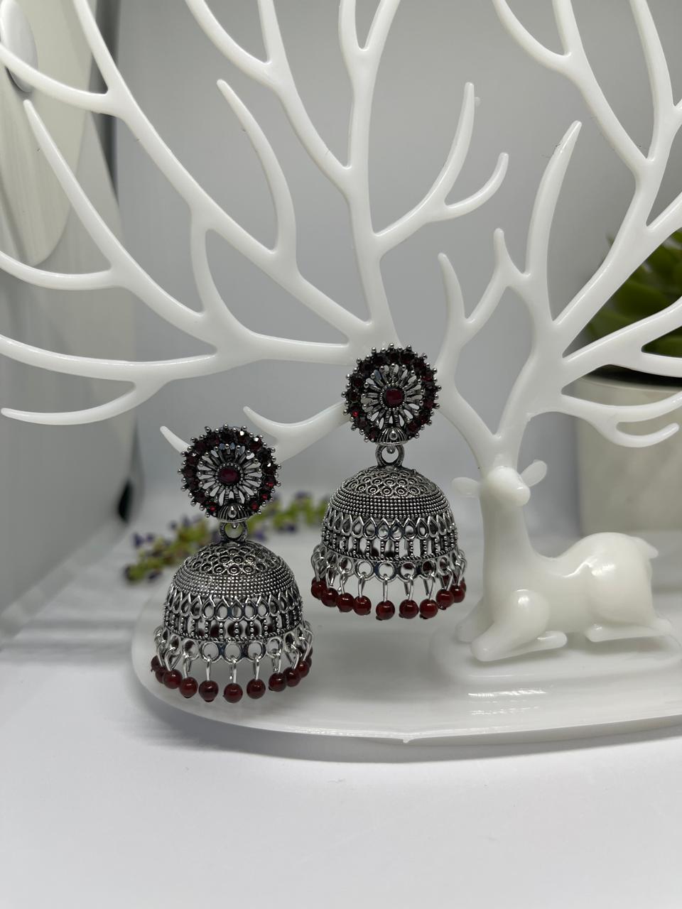 Maroon Oxidized Silver Shimmer Jhumka