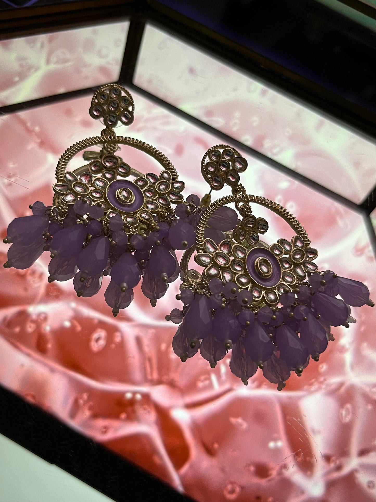 Long Chandbali Earring with Hanging Bunch of Crystal - Light lavender