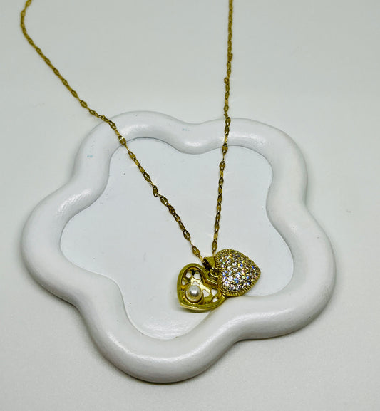 Double Heart Pearl Gold Necklace