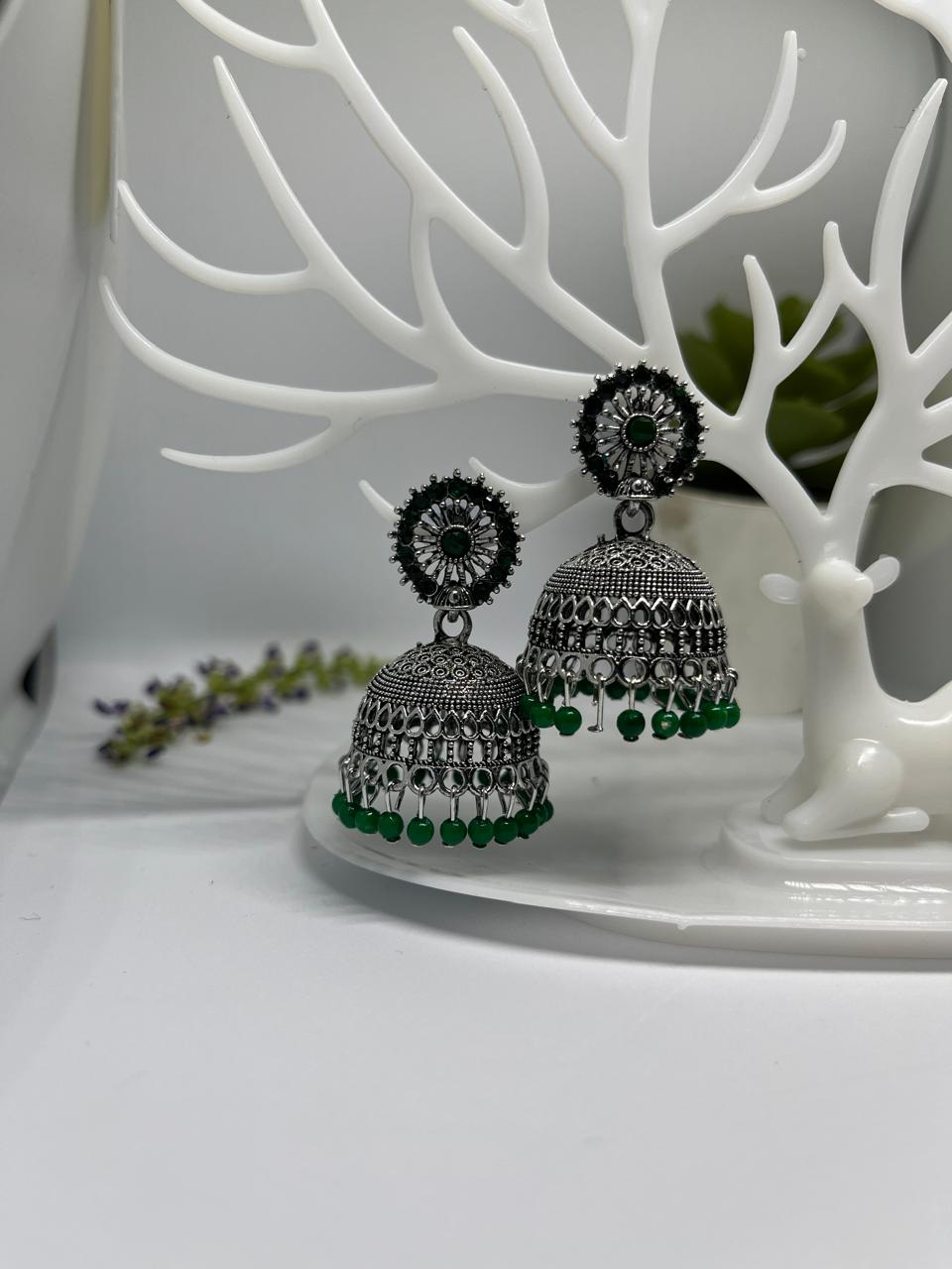 Green Oxidized Silver Shimmer Jhumka