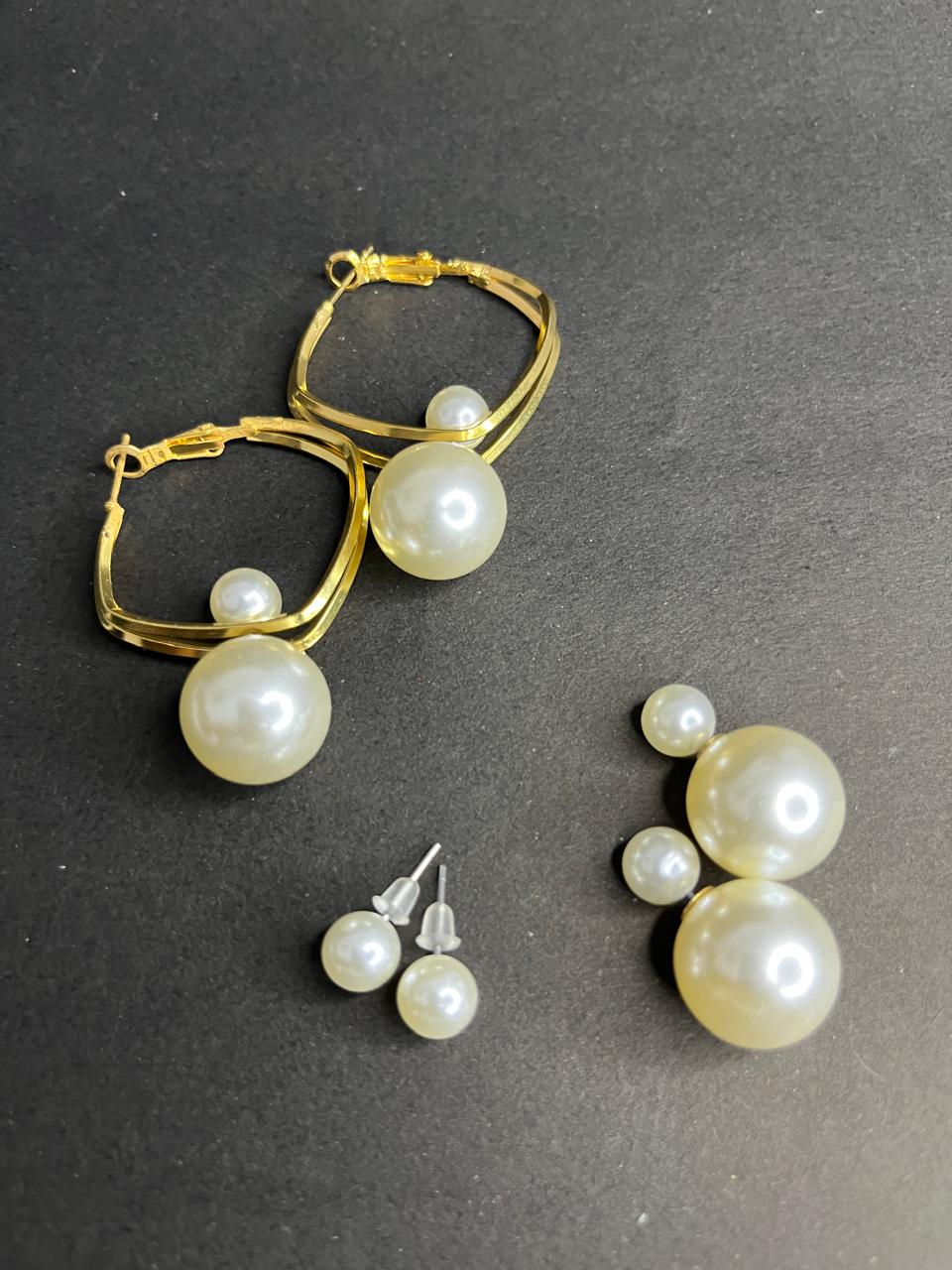 White Pearl Alloy Hoop Earrings, 3-in-1 Design