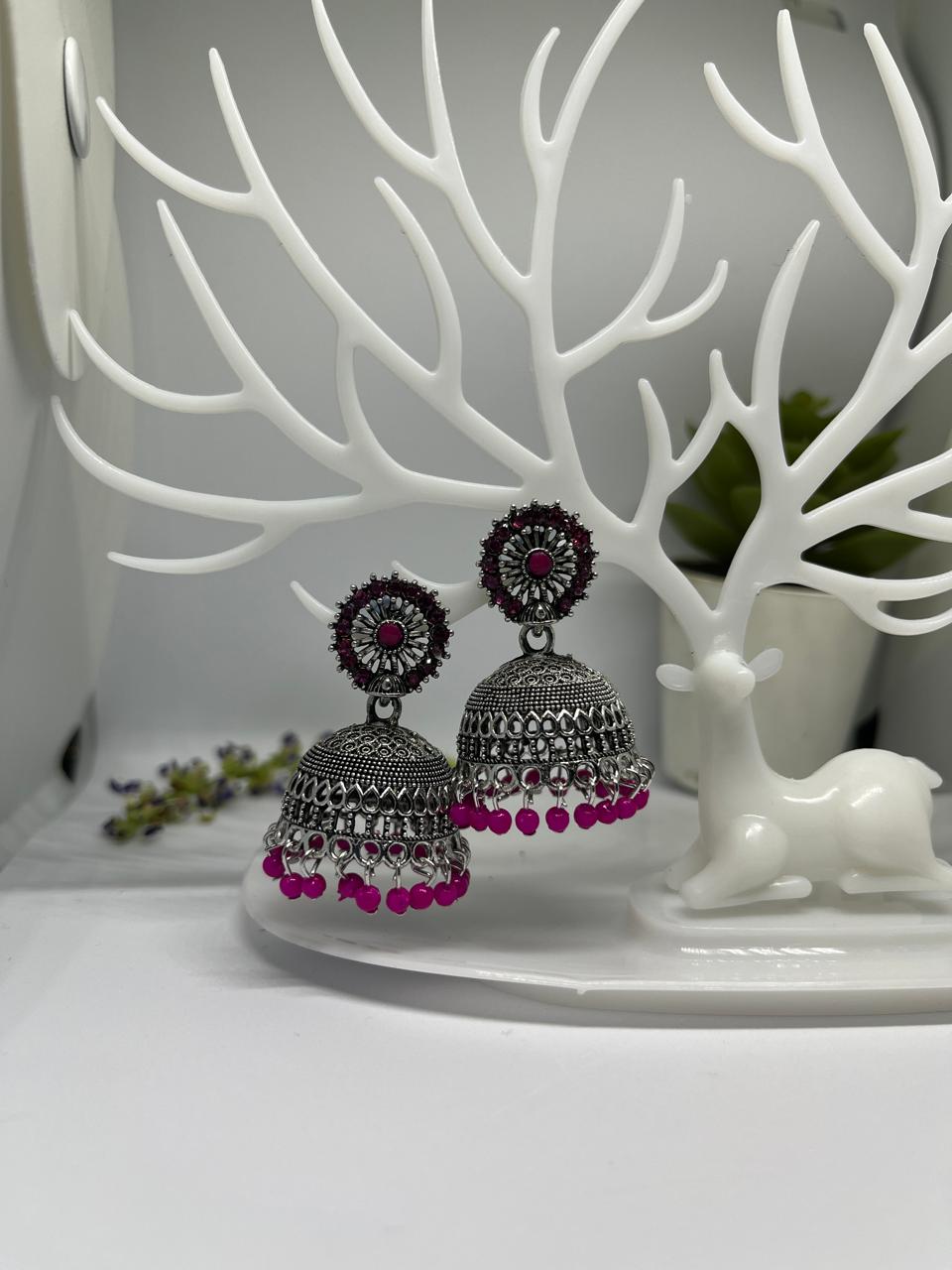 Pink Oxidized Silver Shimmer Jhumka