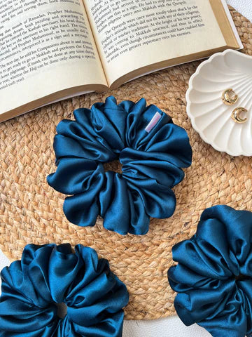 Teal Blue Satin Scrunchies