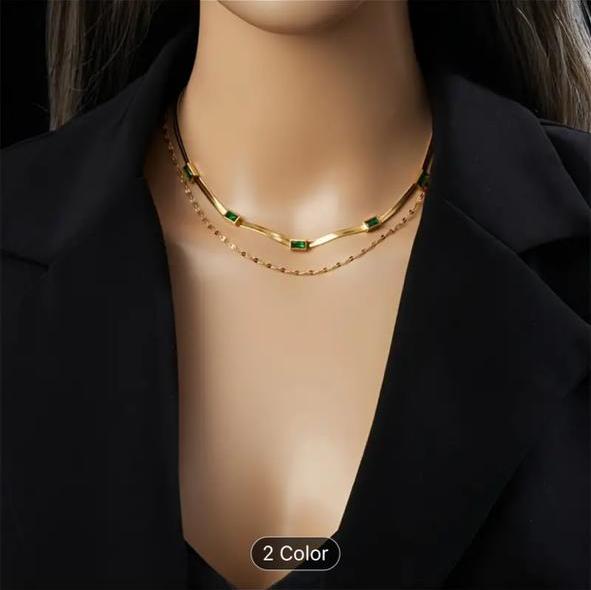 Europeon and American Fashion Retro High End Double Layer Chain With Gemstone