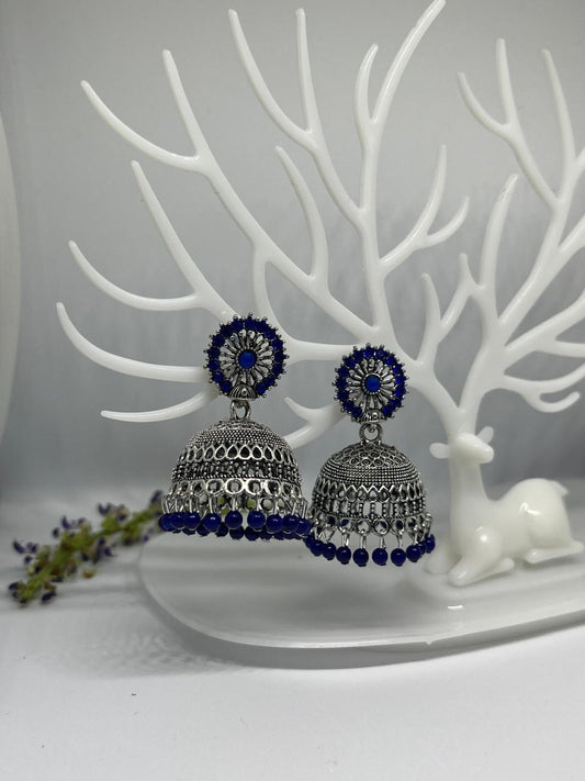 Royal Blue Oxidized Silver Shimmer Jhumka